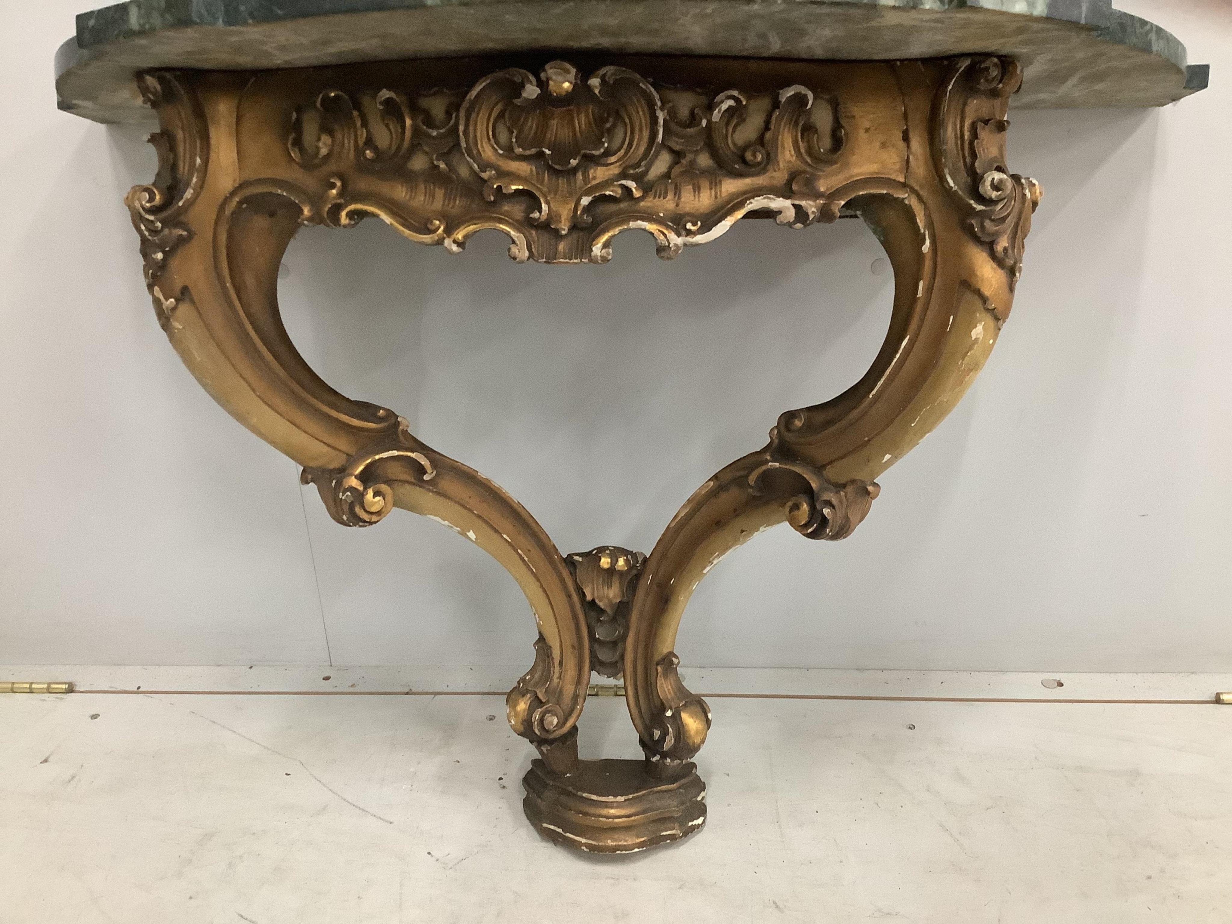 A 19th century giltwood and composition console table, width 93cm, depth 42cm, height 75cm. Condition - fair, top associated